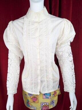 Recollections White Mira Victorian 100% Cotton Lace Trim Mock Neck Blouse